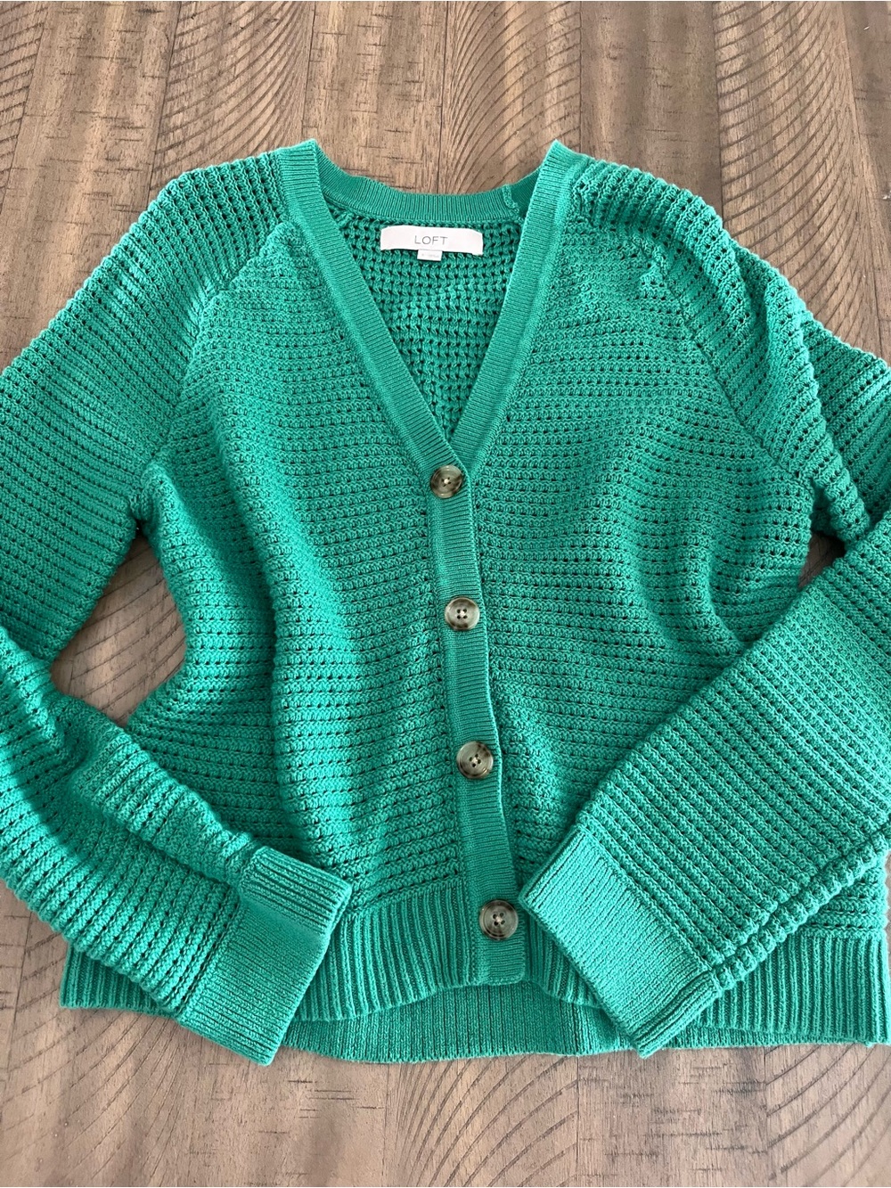 LOFT Teal Green Button-Front V-Neck Cardigan
